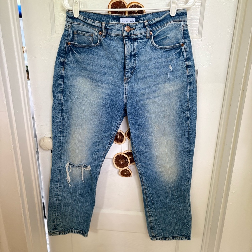 LOFT Women's Distressed Blue Jeans - high waist straight cropped